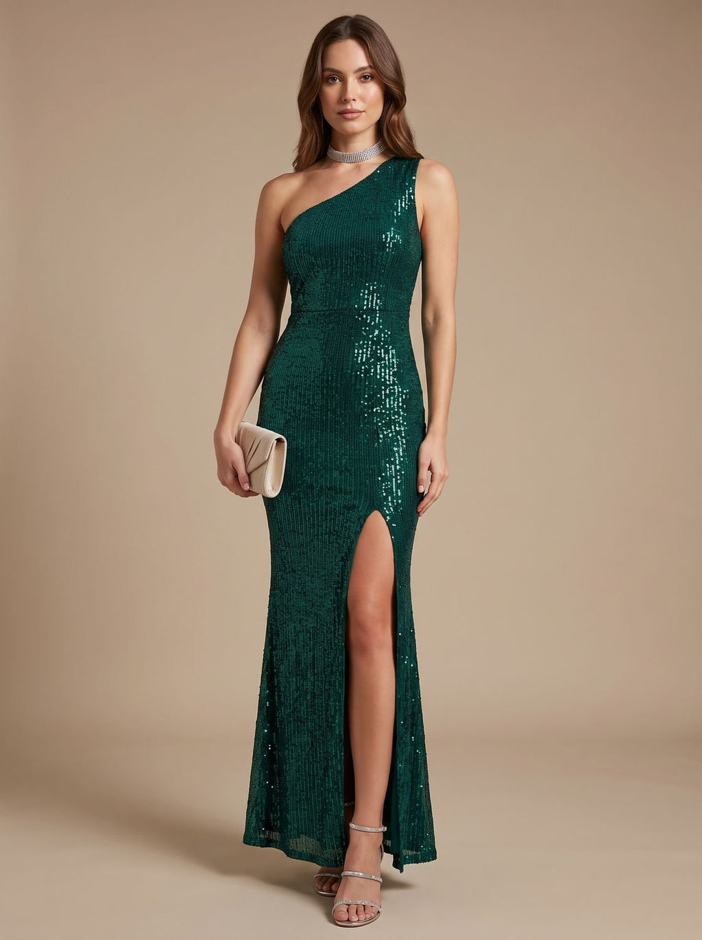 Women's One-Shoulder Sequin Bodycon Maxi Dress High Slit - Green