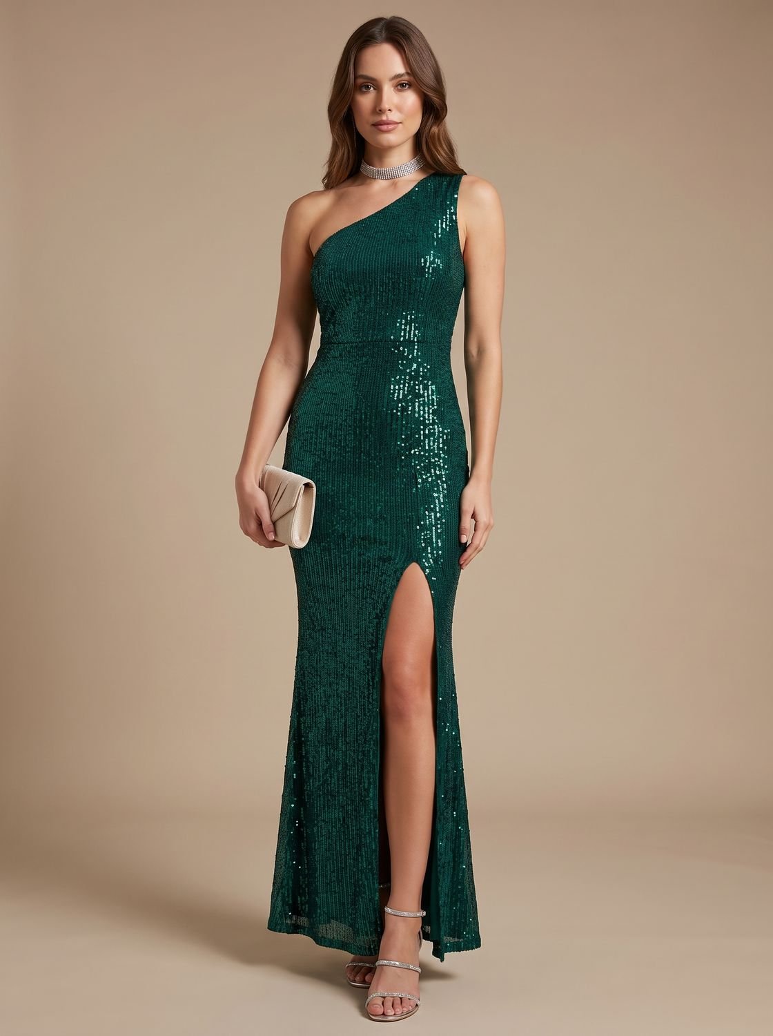 Women's One-Shoulder Sequin Bodycon Maxi Dress High Slit - Green