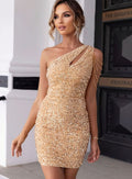 Women's One-Shoulder Sequin Bodycon Mini Dress Chain Strap - Gold
