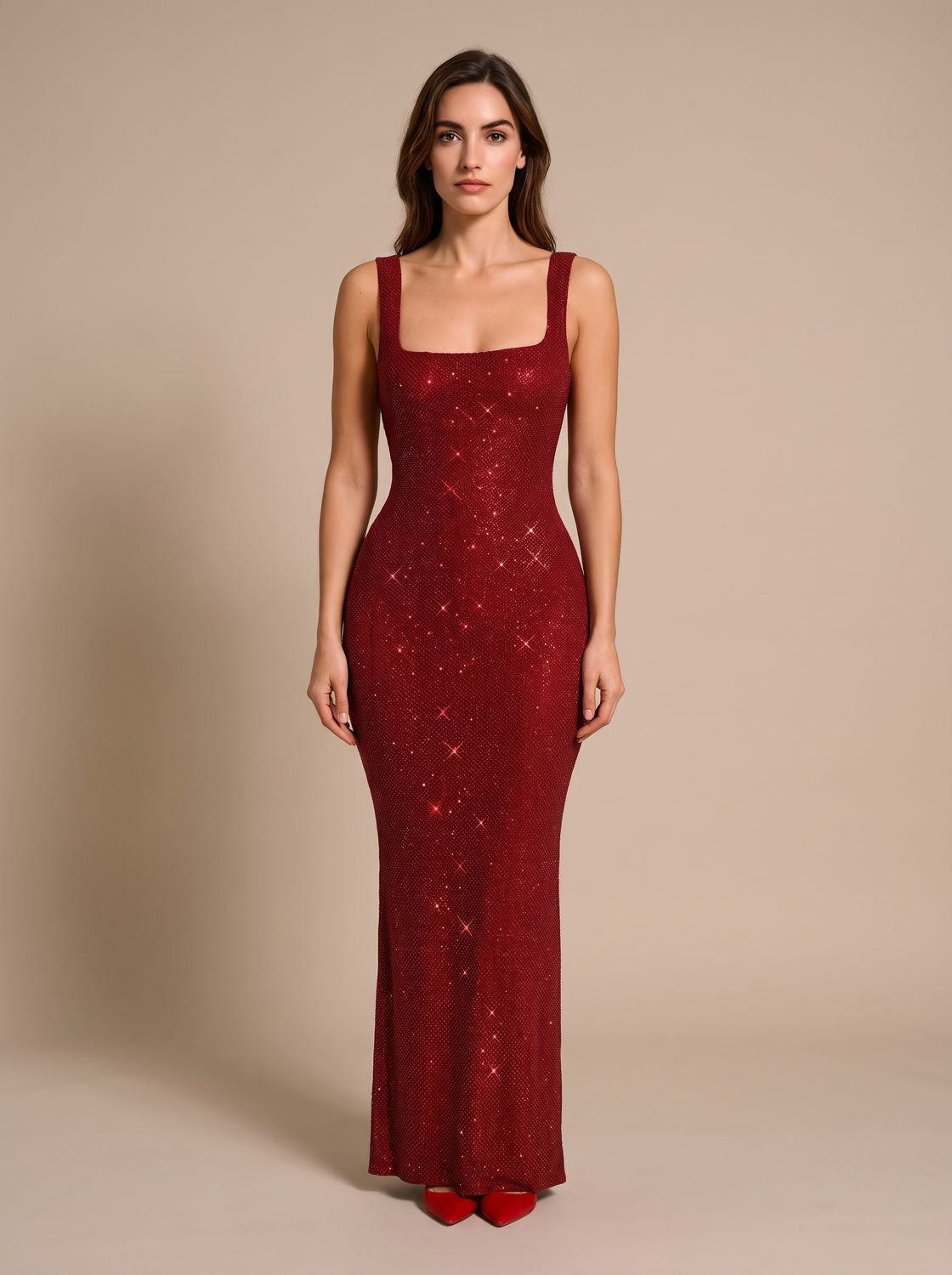 Women's Open-Back Bodycon Sequin Maxi Dress Square Neckline - Red