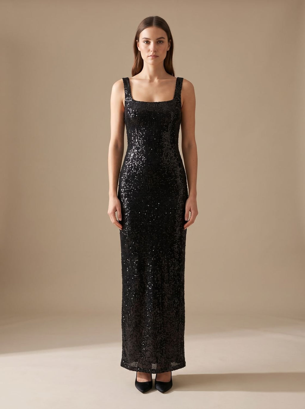 Women's Open-Back Bodycon Sequin Maxi Dress Square Neckline - Black