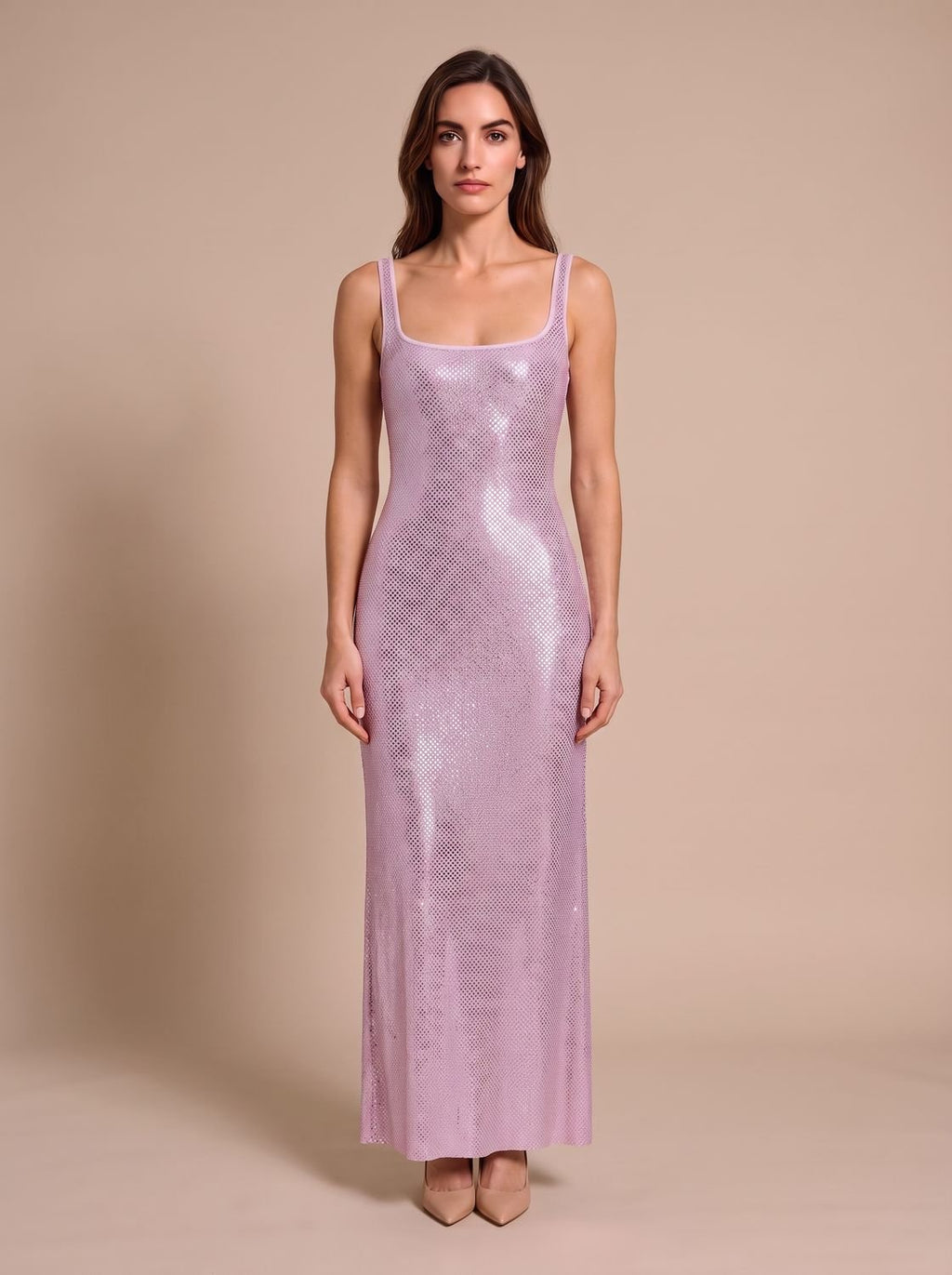 Women's Open-Back Bodycon Sequin Maxi Dress Square Neckline - Pink
