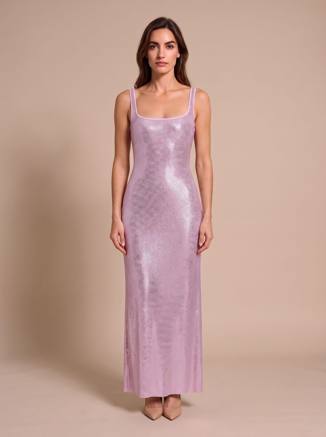 Women's Open-Back Bodycon Sequin Maxi Dress Square Neckline - Pink