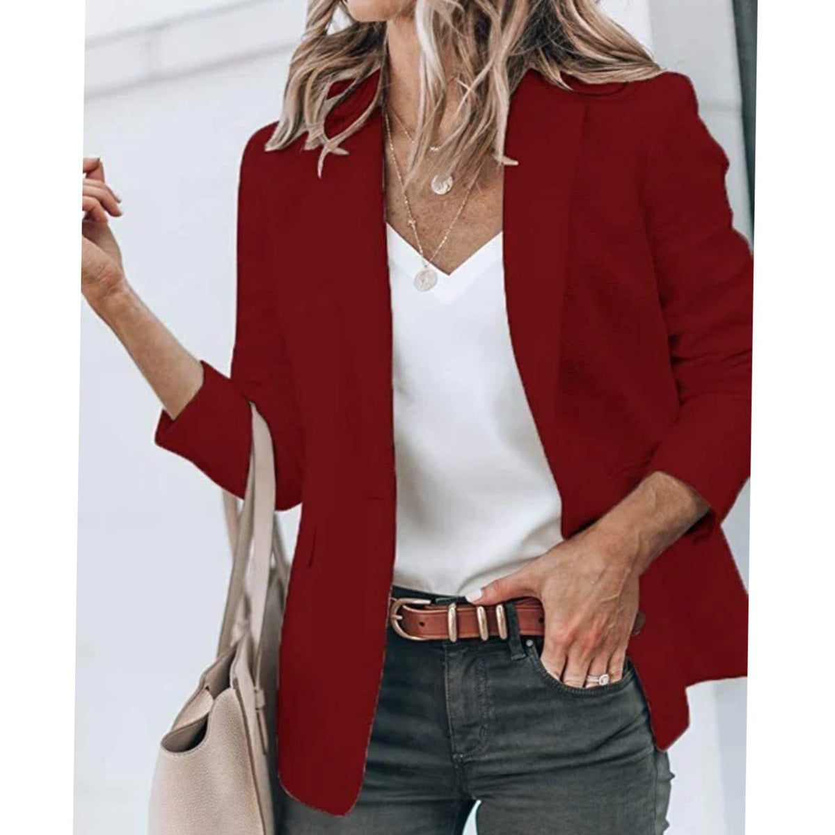 Women's Open Front Long Sleeve Work Blazer - Burgundy