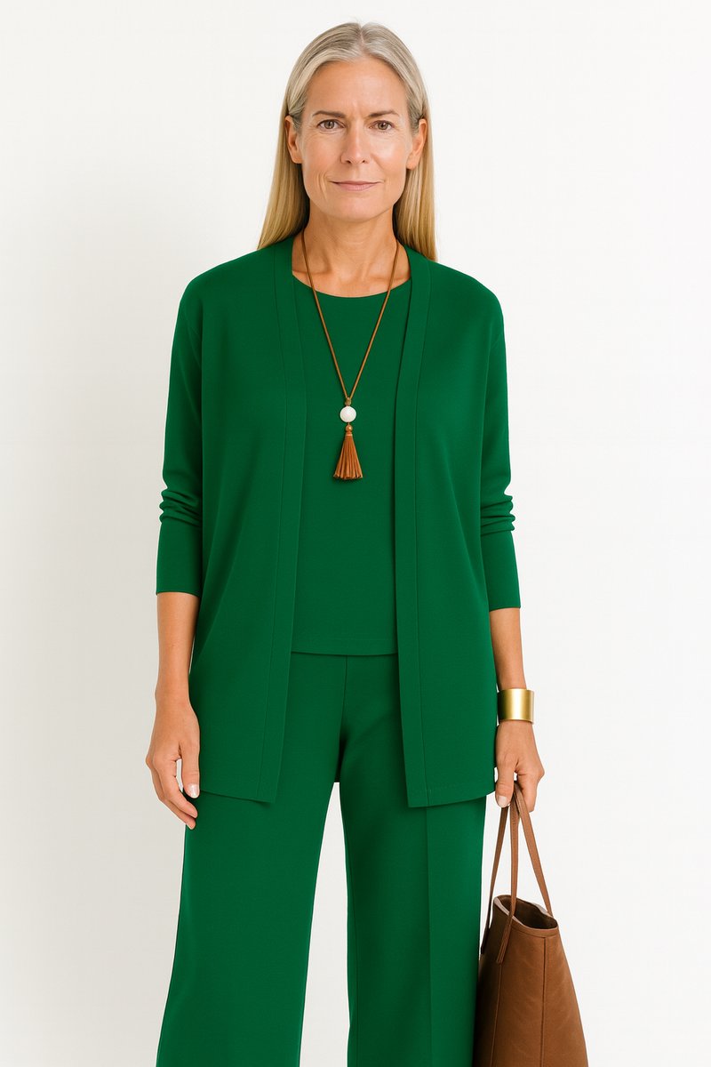 Women's Open-Front Longline Cardigan Wide-Leg Pants 3-Piece Set - Green