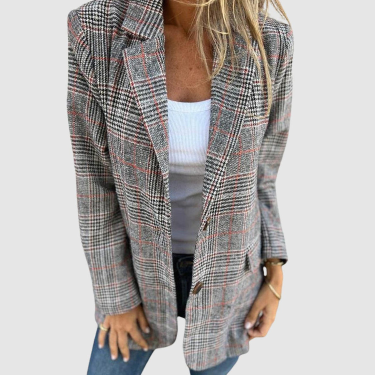 Women's Open-Front Plaid Long-Sleeve Tailored Blazer - Brown