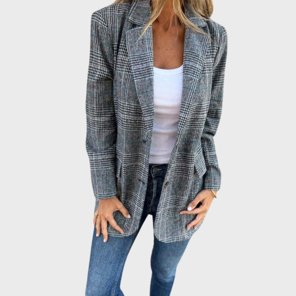 Women's Open-Front Plaid Long-Sleeve Tailored Blazer - Black