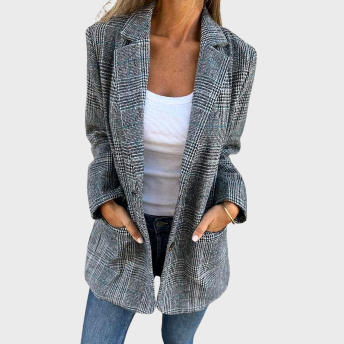 Women's Open-Front Plaid Long-Sleeve Tailored Blazer