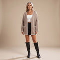 Women's Open Front Relaxed Fit Knit Cardigan Patch Pockets - Camel