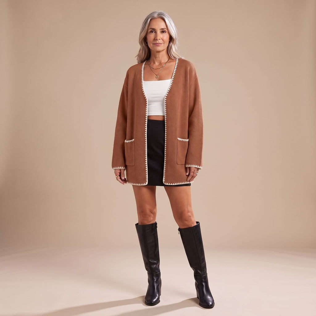 Women's Open Front Relaxed Fit Knit Cardigan Patch Pockets - Caramel