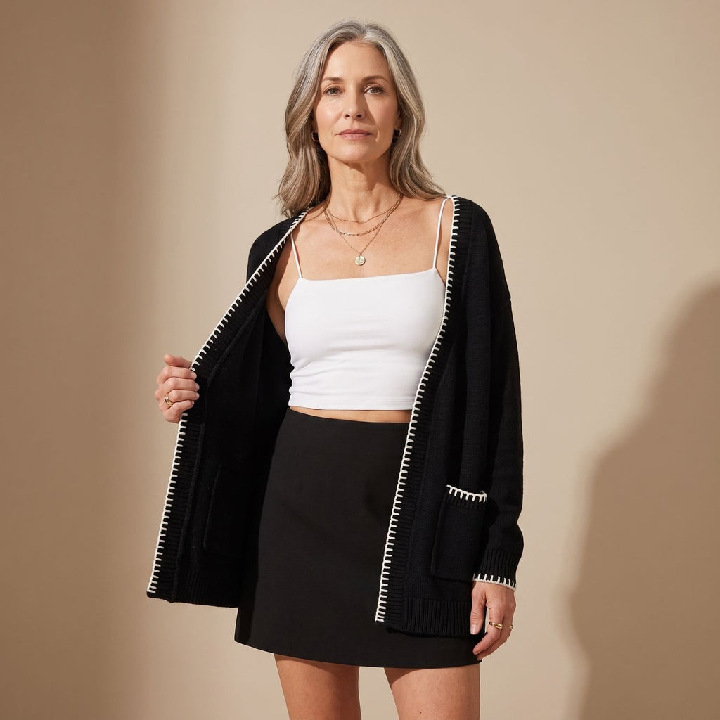 Women's Open Front Relaxed Fit Knit Cardigan Patch Pockets - Black