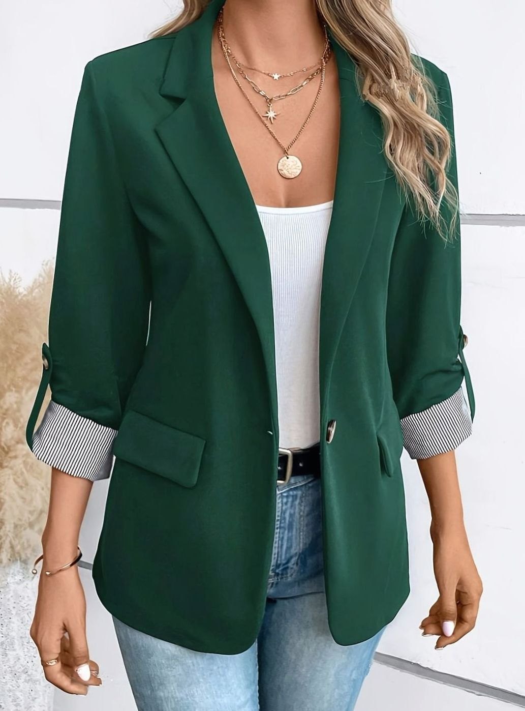 Women's Open-Front Rolled-Sleeve Casual Office Blazer - Green
