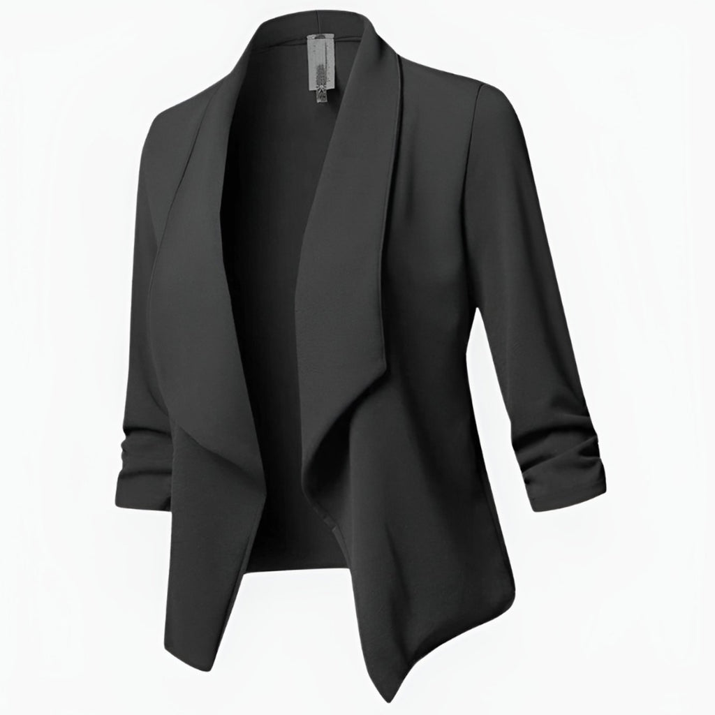 Women's Open-Front Ruched-Sleeve Casual Office Blazer - Black