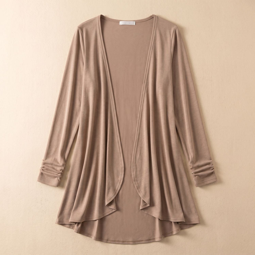 Women's Open-Front Ruffled Long-Sleeve Knit Cardigan - Khaki