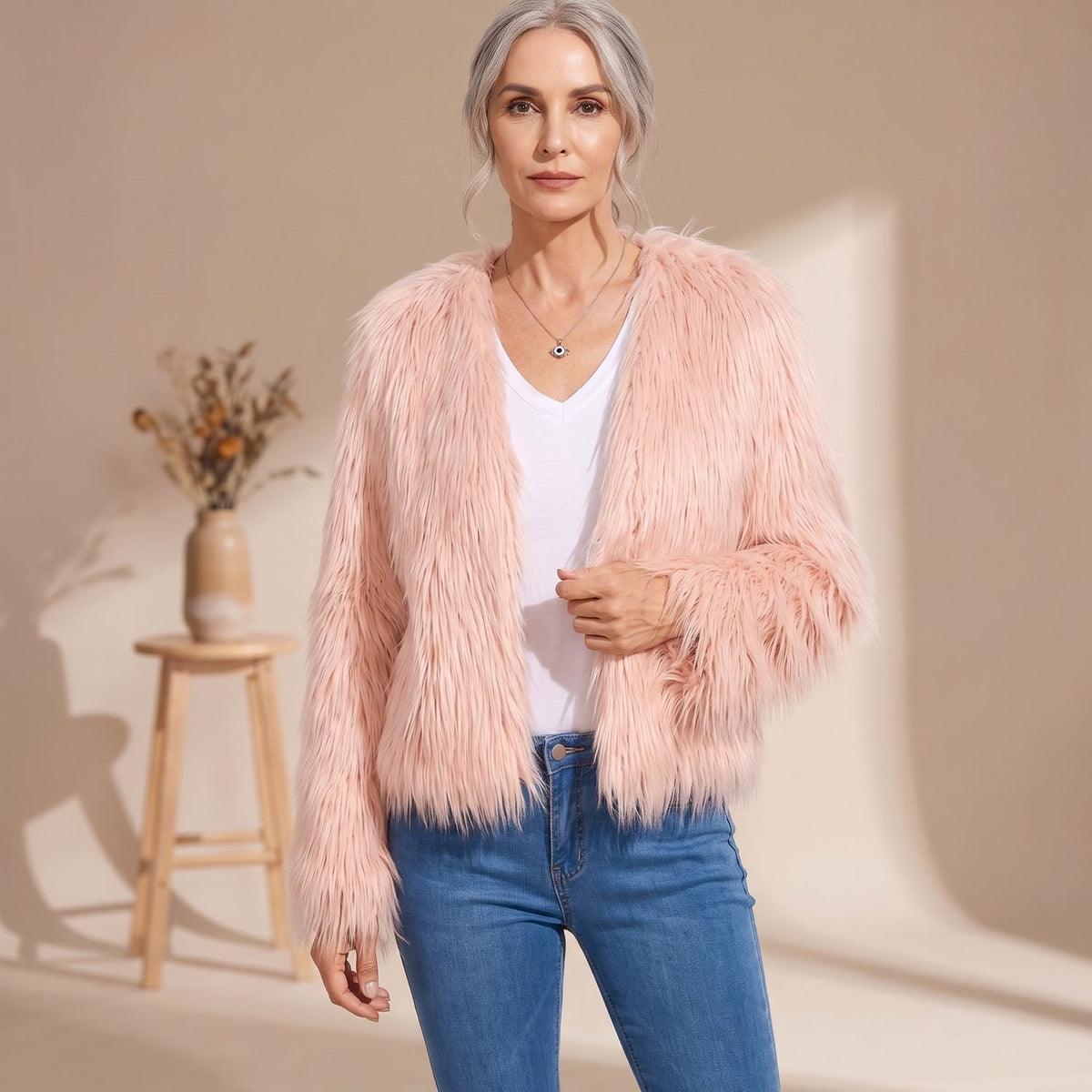 Women's Open-Front Shaggy Faux Fur Coat - Khaki