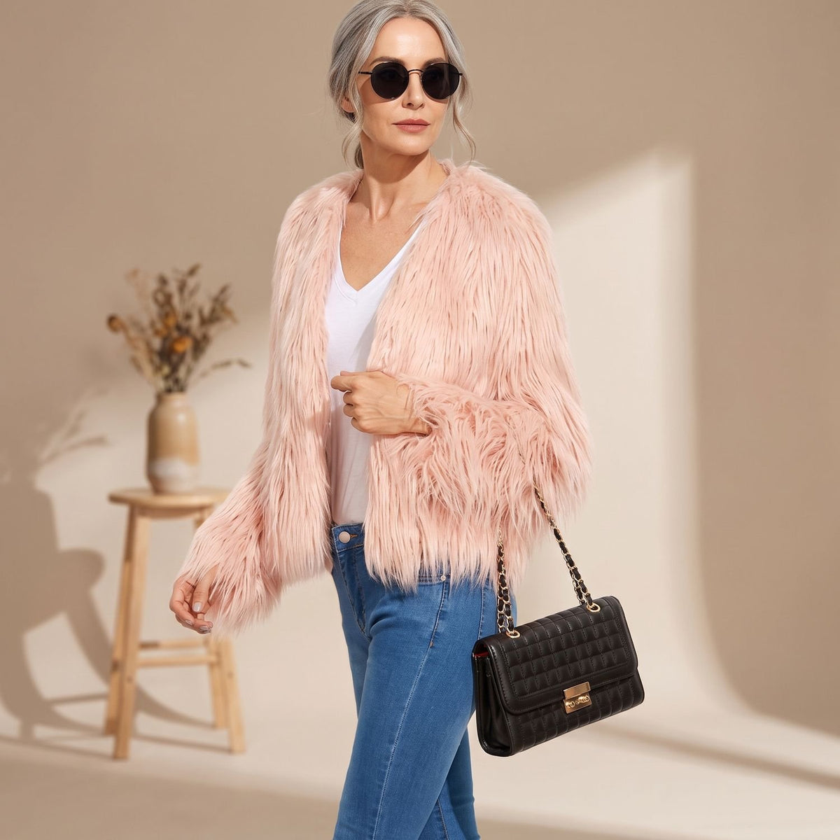 Women's Open-Front Shaggy Faux Fur Coat