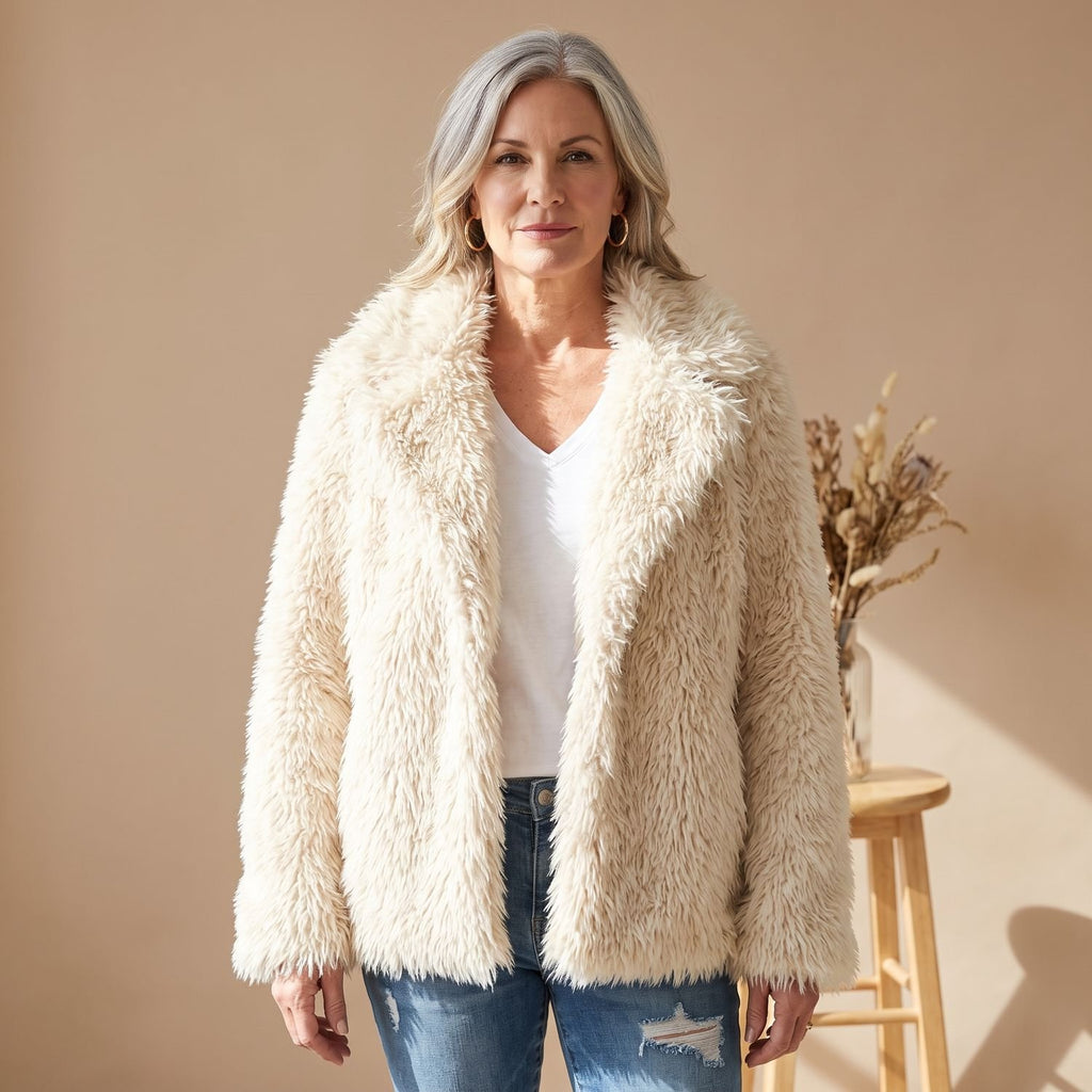 Women's Open-Front Shaggy Faux Fur Coat - White