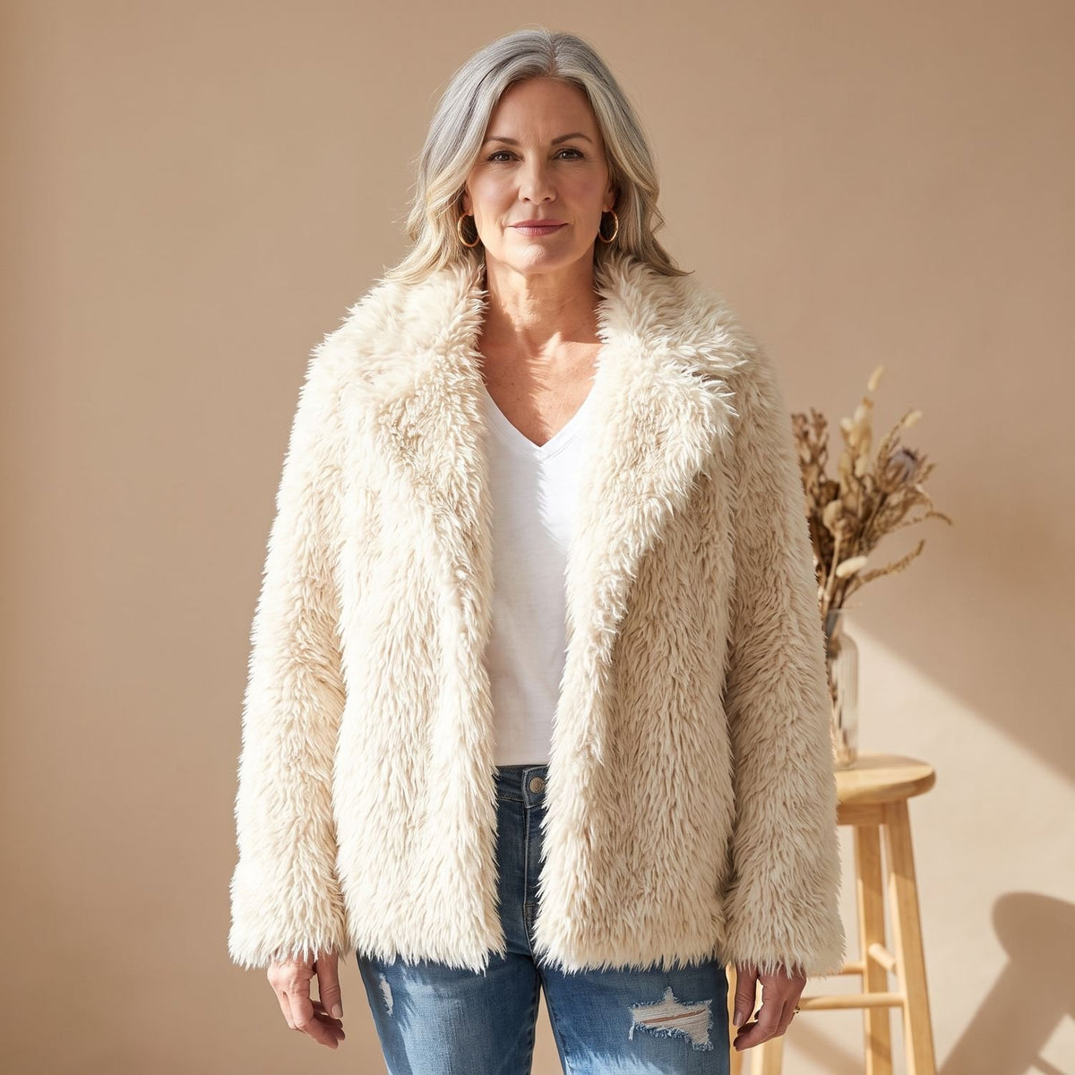 Women's Open-Front Shaggy Faux Fur Coat - White