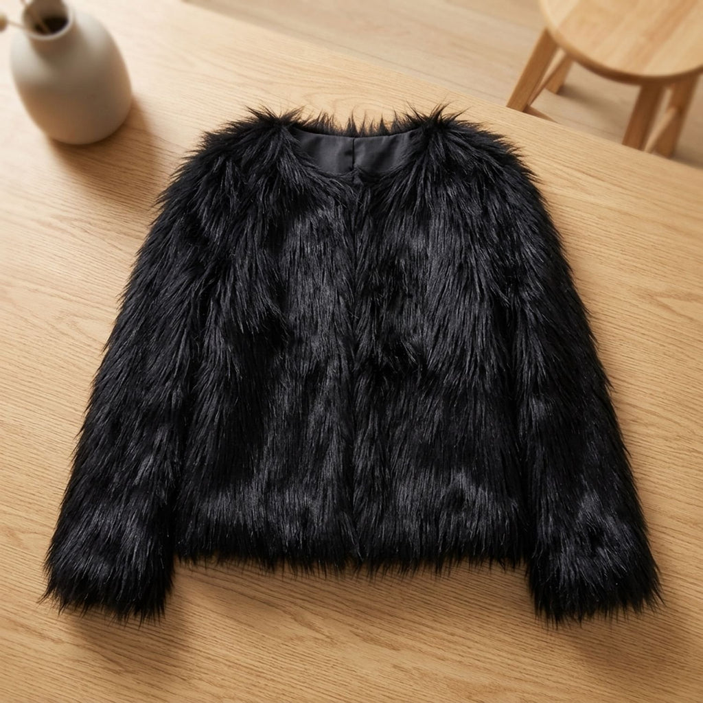 Women's Open-Front Shaggy Faux Fur Coat - Black