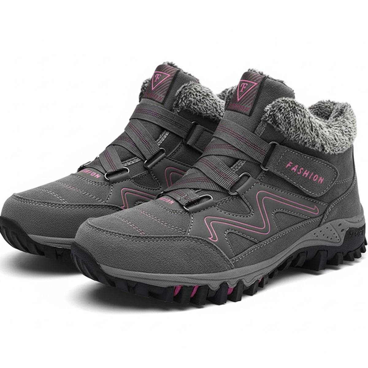 Women's Orthopedic Ankle Boots Faux Fur-Lined Lug Sole Winter Sneaker - Gray Pink