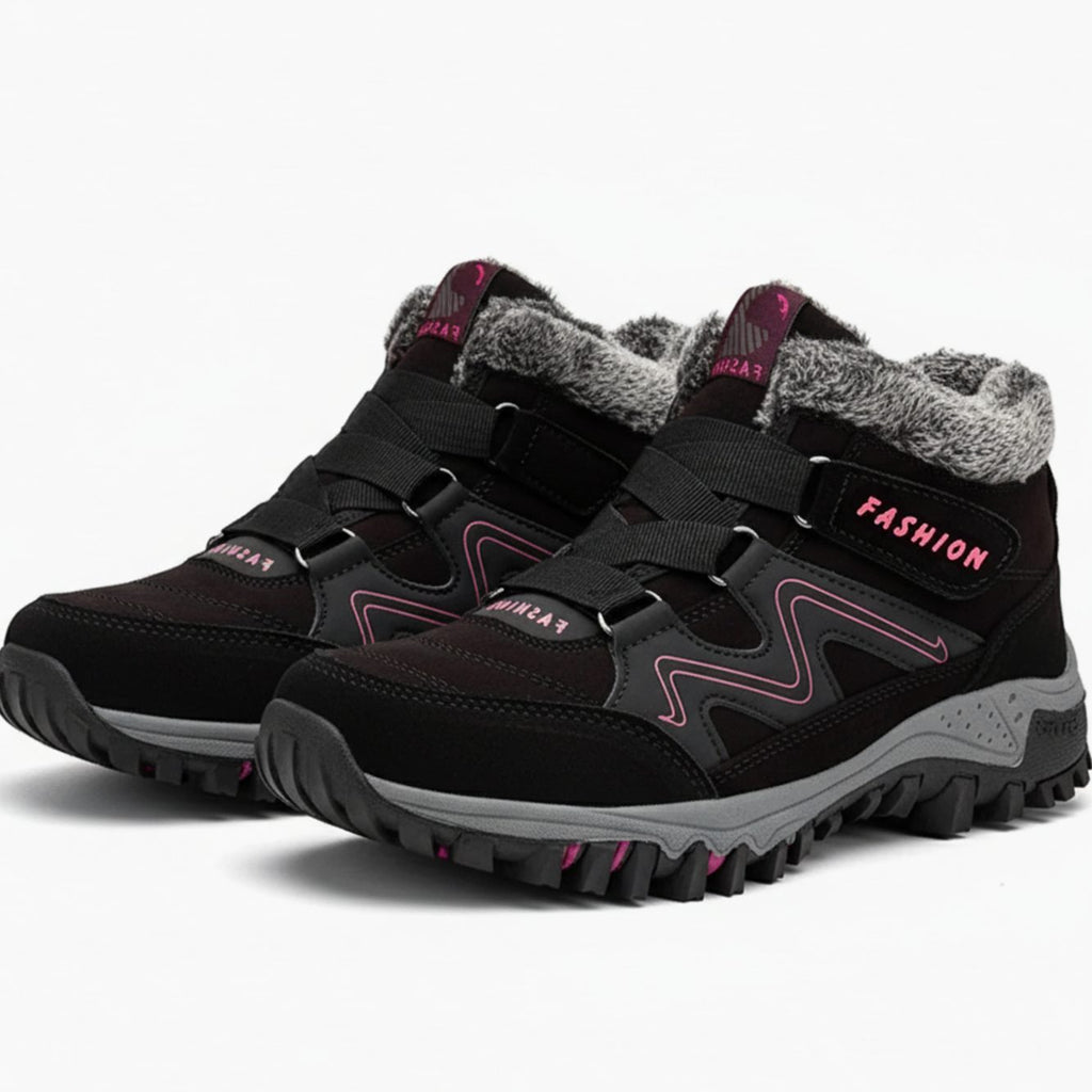 Women's Orthopedic Ankle Boots Faux Fur-Lined Lug Sole Winter Sneaker - Black Pink