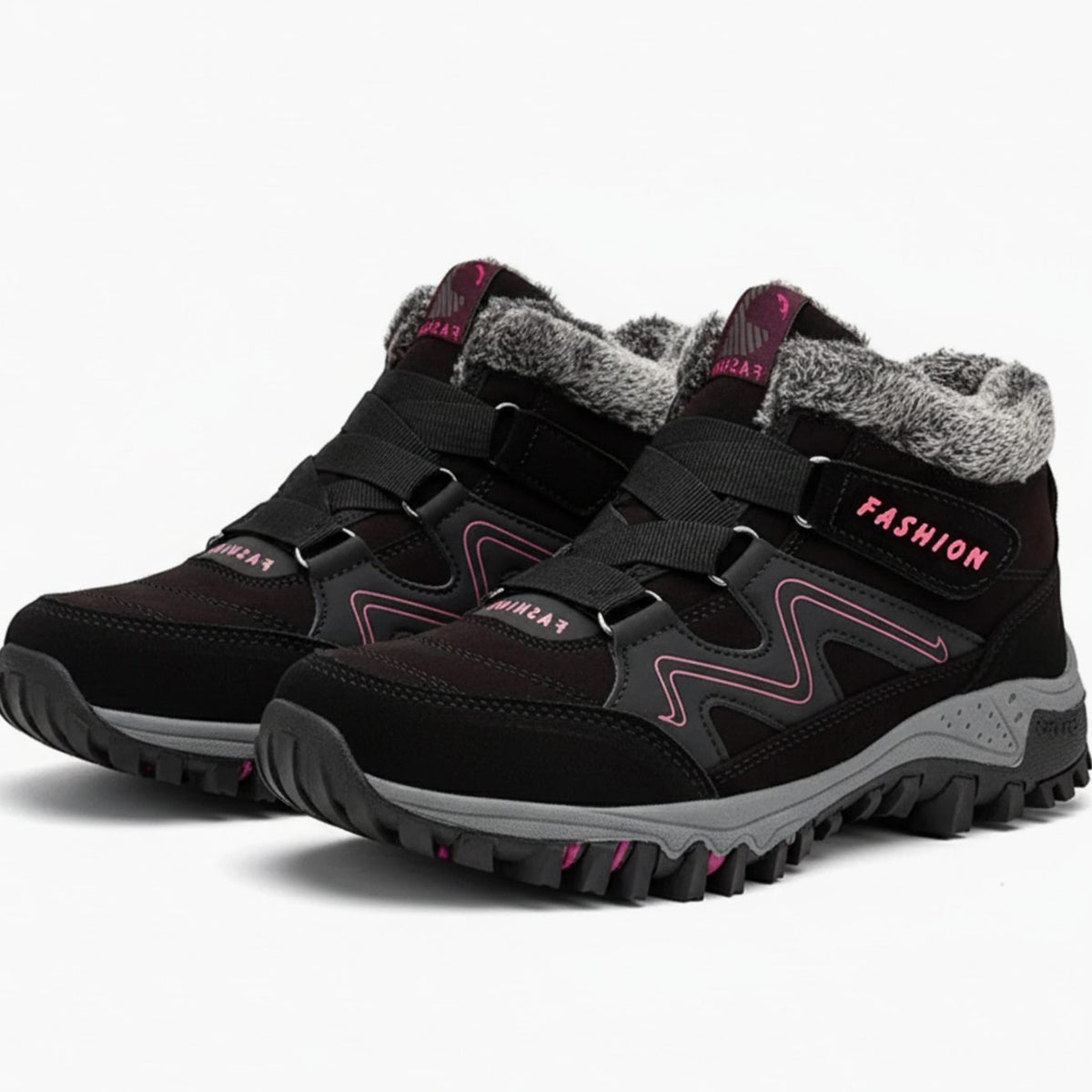 Women's Orthopedic Ankle Boots Faux Fur-Lined Lug Sole Winter Sneaker - Black Pink