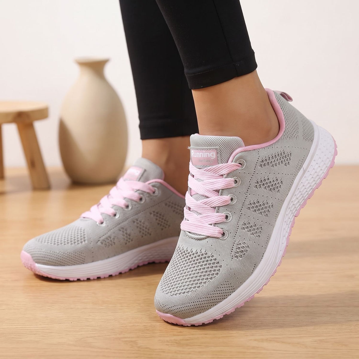Women's Orthopedic Breathable Knit Lace-Up Sneakers - Gray Pink