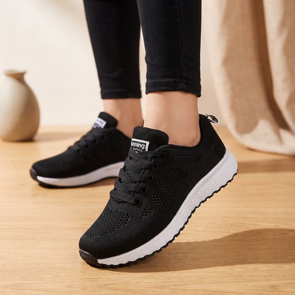 Women's Orthopedic Breathable Knit Lace-Up Sneakers - Black