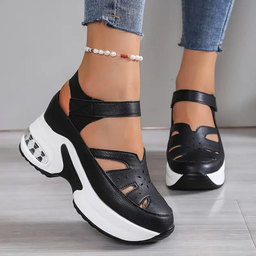 Women's Orthopedic Cutout Platform Velcro Sneaker Sandals - Black