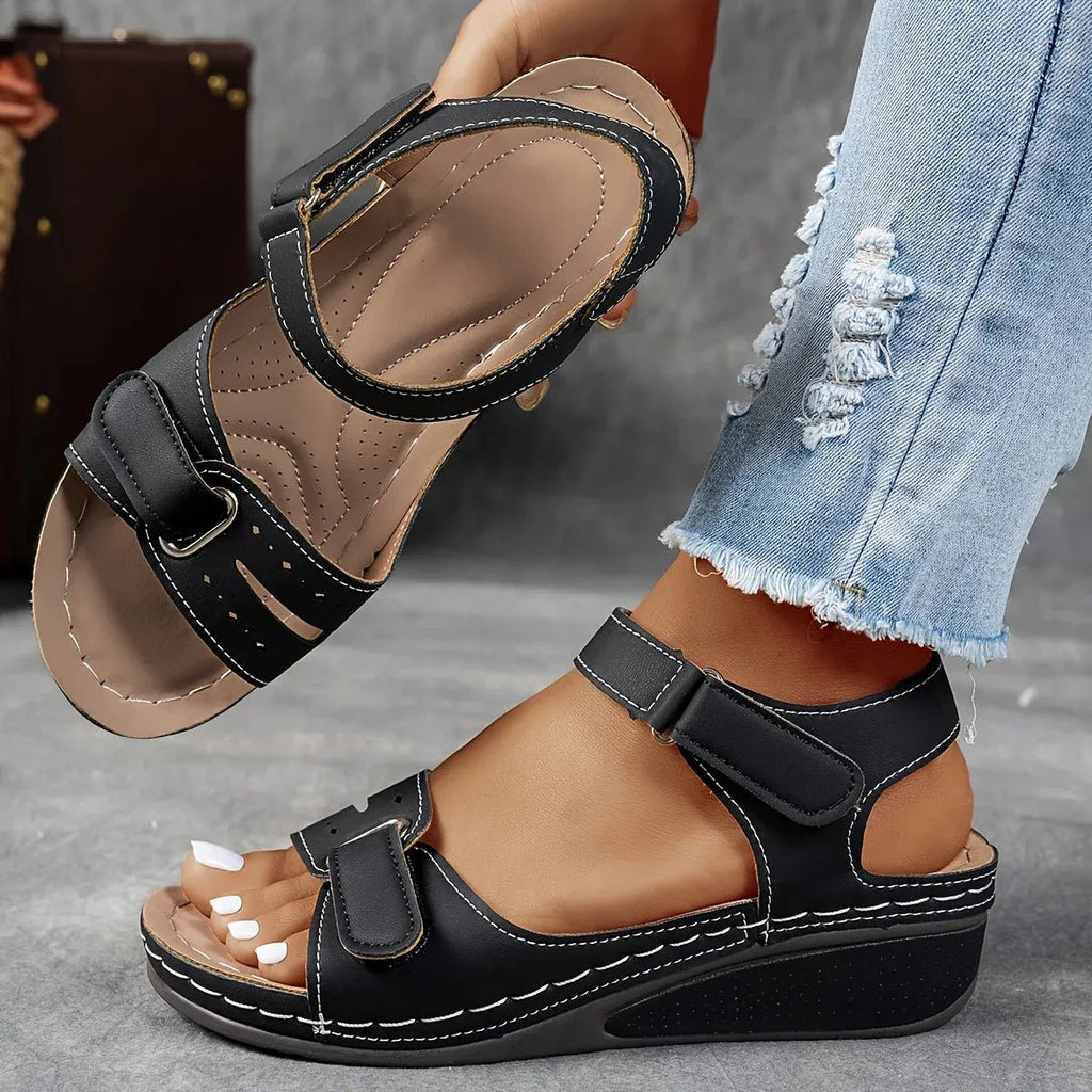 Women's Orthopedic Double-Strap Wedge Sandals - Black