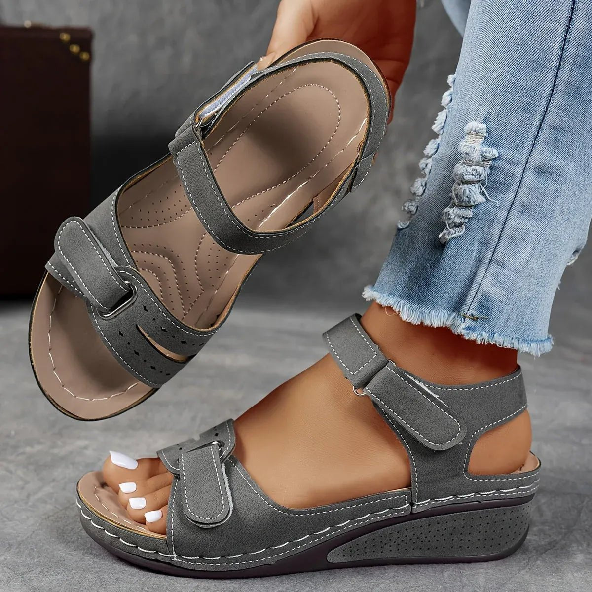 Women's Orthopedic Double-Strap Wedge Sandals - Gray