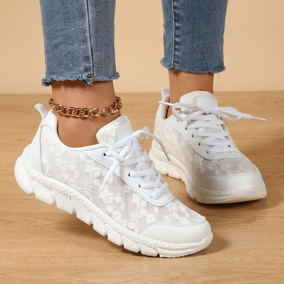 Women's Orthopedic Floral Mesh Lace-Up Arch Support Sneakers