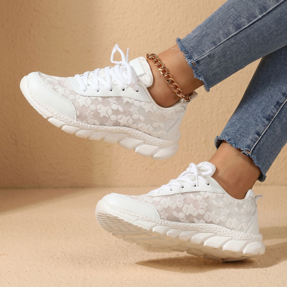 Women's Orthopedic Floral Mesh Lace-Up Arch Support Sneakers