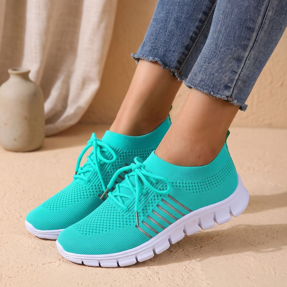 Women's Orthopedic Flyknit Lace-Up Lightweight Sneakers - Turquoise