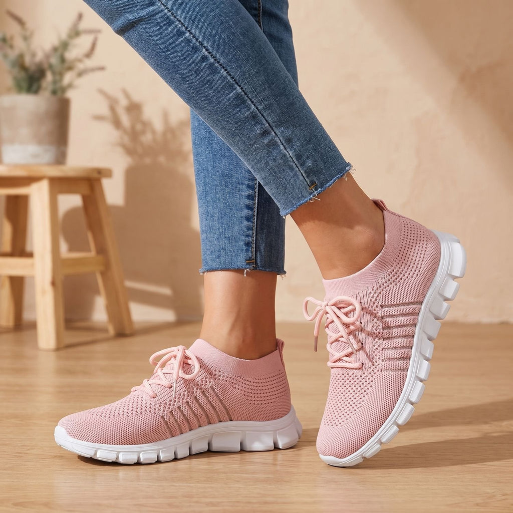 Women's Orthopedic Flyknit Lace-Up Lightweight Sneakers - Pink