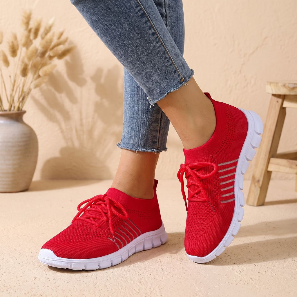 Women's Orthopedic Flyknit Lace-Up Lightweight Sneakers - Red
