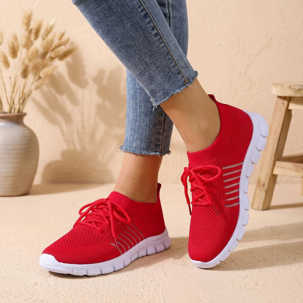 Women's Orthopedic Flyknit Lace-Up Lightweight Sneakers - Red