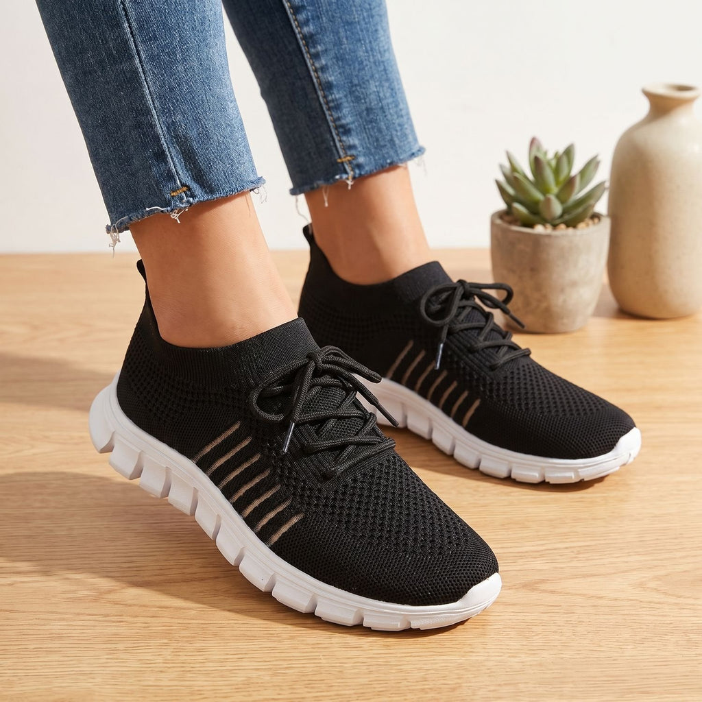 Women's Orthopedic Flyknit Lace-Up Lightweight Sneakers - Black