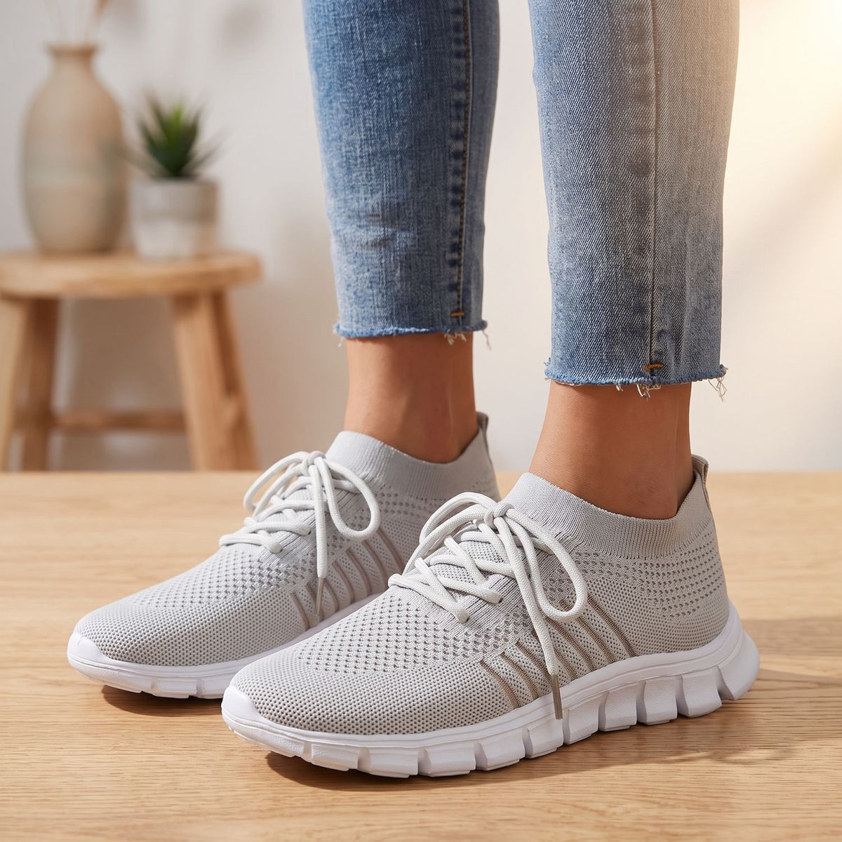 Women's Orthopedic Flyknit Lace-Up Lightweight Sneakers - Gray