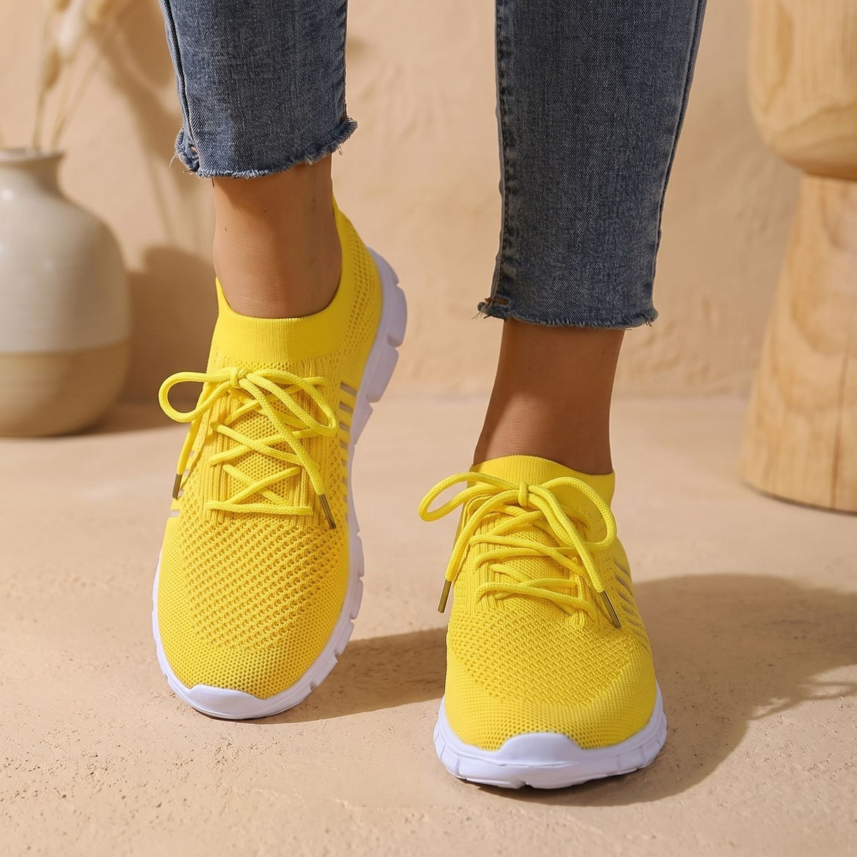 Women's Orthopedic Flyknit Lace-Up Lightweight Sneakers - Yellow