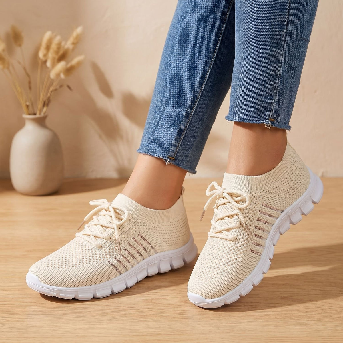 Women's Orthopedic Flyknit Lace-Up Lightweight Sneakers - Beige