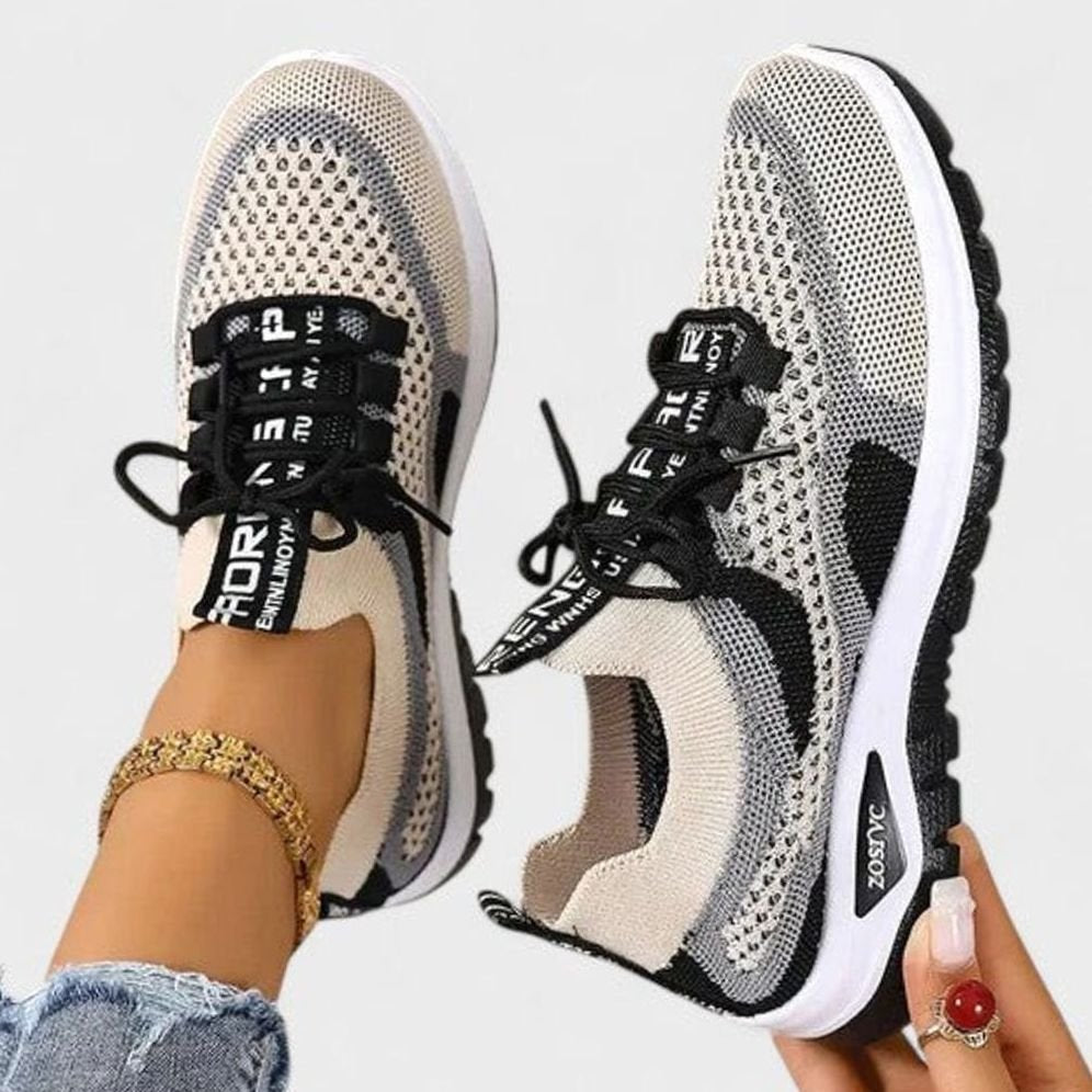 Women's Orthopedic Lace-Up Breathable Mesh Walking Sneakers - Black