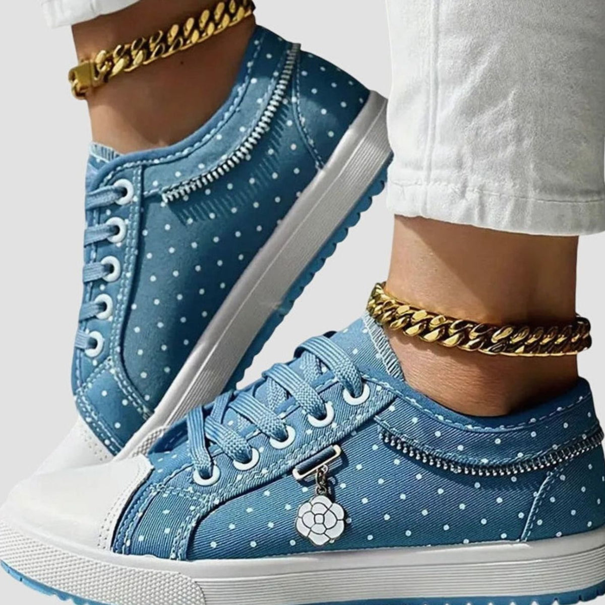 Women's Orthopedic Lace-Up Floral Mesh Low-Top Sneakers - Sky Blue