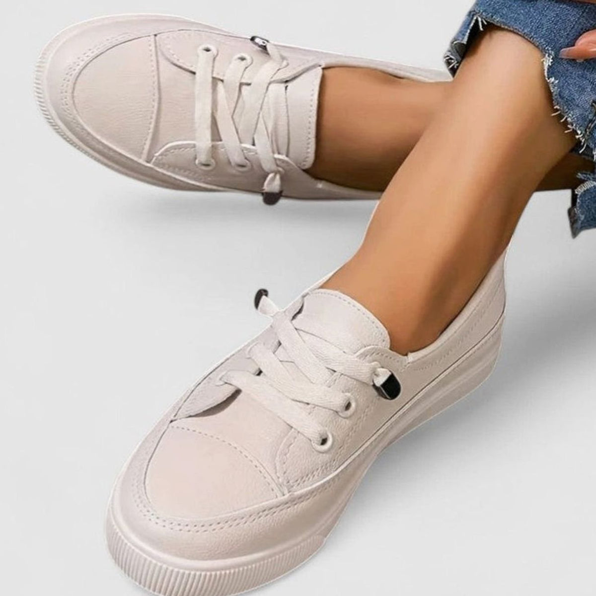 Women's Orthopedic Lace-Up Low-Top Cushioned Sneakers - Beige