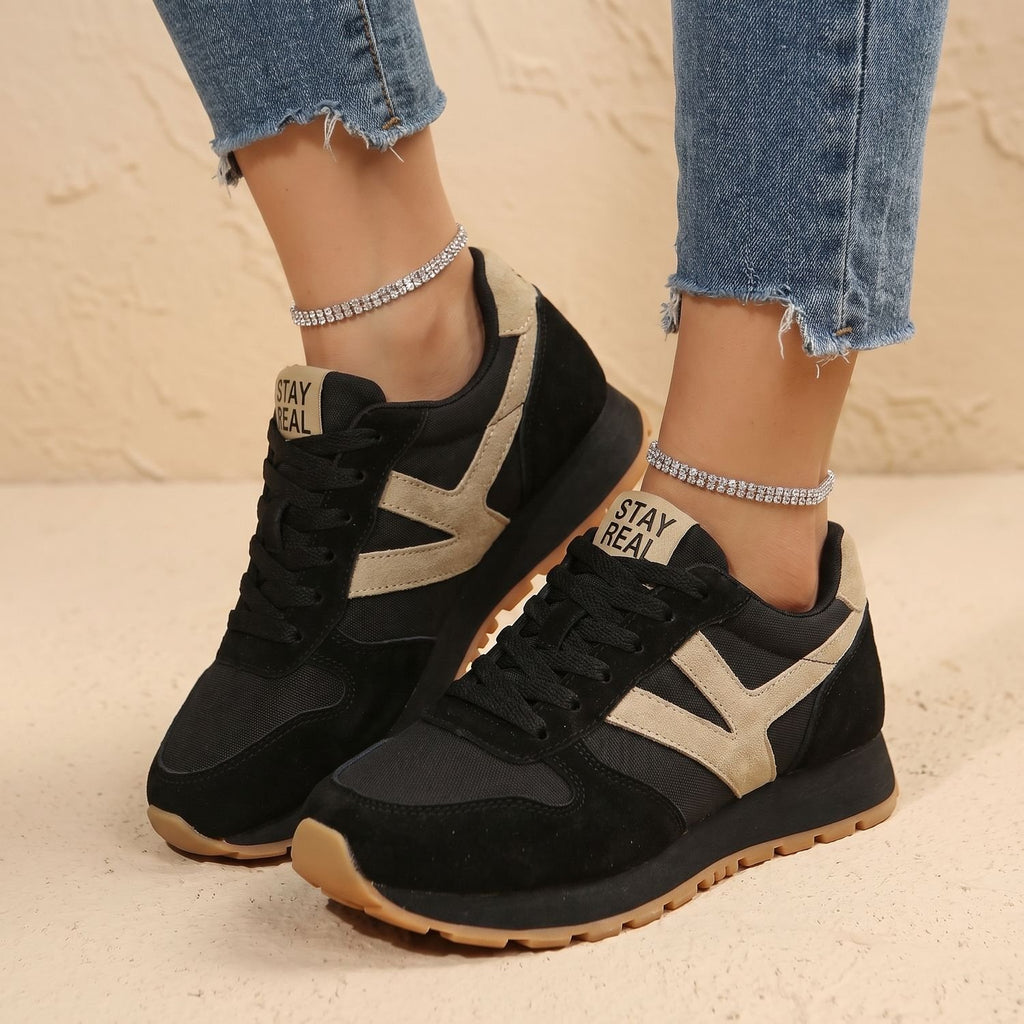 Women's Orthopedic Lace-Up Retro Low-Top Sneakers - Black and Beige