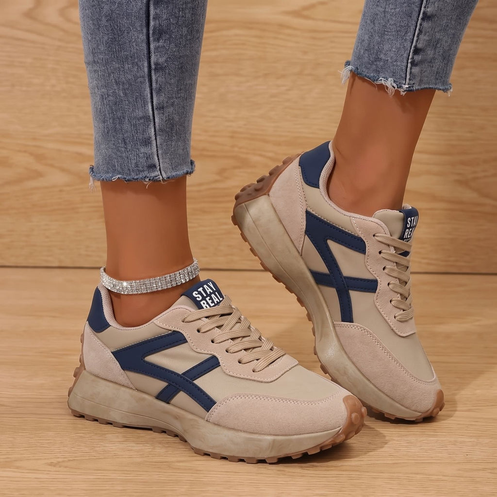 Women's Orthopedic Lace-Up Retro Low-Top Sneakers - Beige and Blue