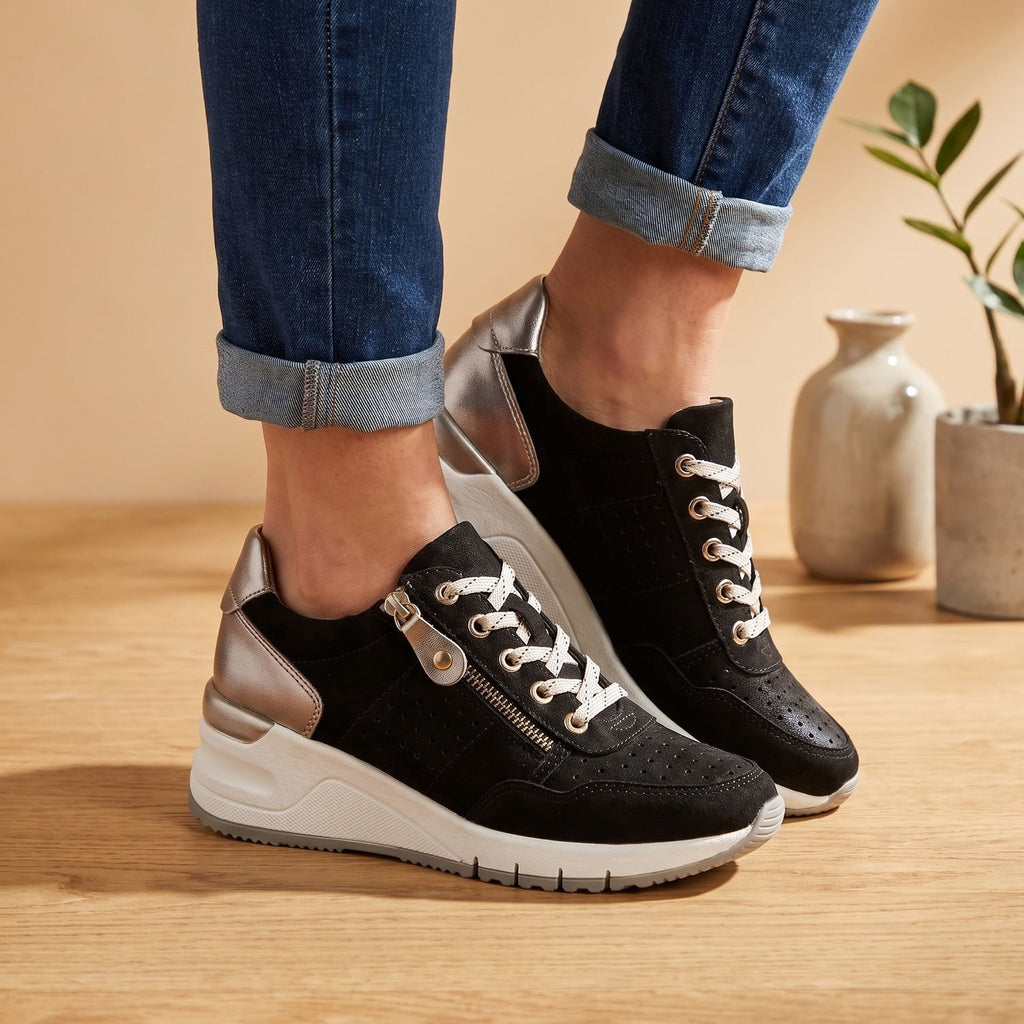 Women's Orthopedic Lace-Up Wedge Sneakers Padded Insole Side Zip - Black