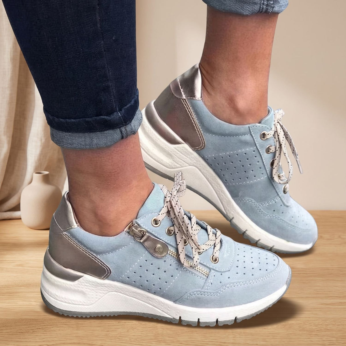 Women's Orthopedic Lace-Up Wedge Sneakers Padded Insole Side Zip - Light Blue
