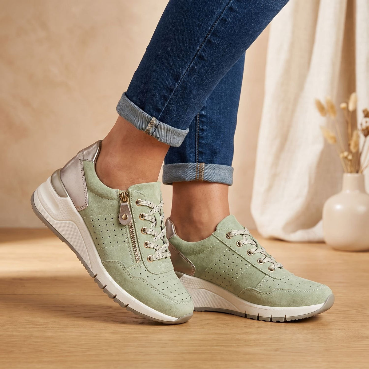 Women's Orthopedic Lace-Up Wedge Sneakers Padded Insole Side Zip - Green