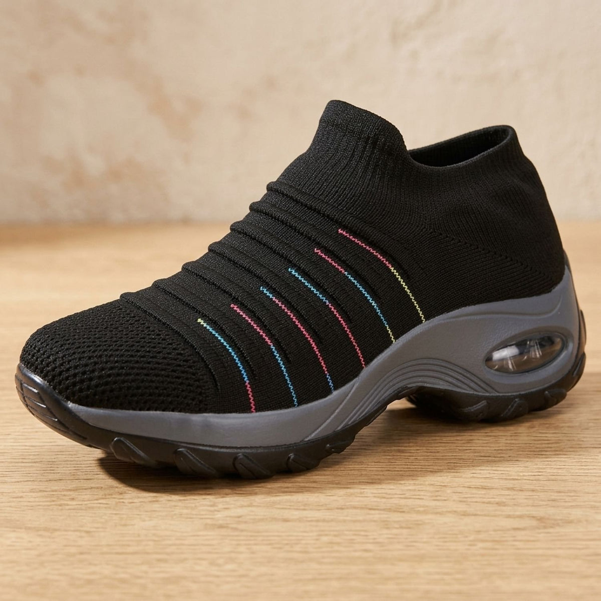 Women's Orthopedic Memory-Foam Slip-On Platform Sneakers - Black (Colored Stripes)